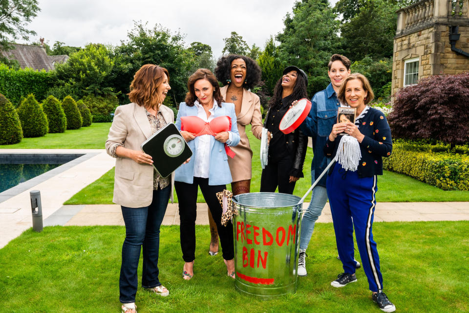 Programme Name: Womanhood - TX: n/a - Episode: What Do Women Really Want (No. n/a) - Picture Shows:  Jacqueline Gold, Shirley Ballas, Chidera Eggerue, Sinitta, Suzi Ruffell, Kirsty Wark - (C) BBC Studios - Photographer: Lisa Stonehouse