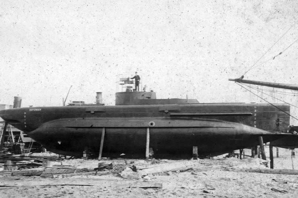 This 1907 photo, from Chapman University, Frank Mt. Pleasant Library of Special Collections and Archives, shows the Defender submarine. The wreckage of the Defender submarine, built in 1907 before being rejected by the Navy, has been discovered off the coast of Connecticut in Long Island Sound, Sunday, April 16, 2023, by a group of commercial divers. (Chapman University, Frank Mt. Pleasant Library of Special Collections and Archives via AP)