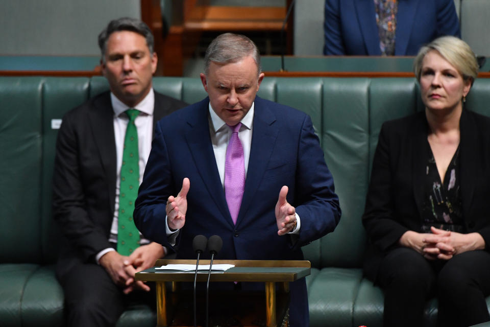 CANBERRA, AUSTRALIA - OCTOBER 08: Labor Opposition leader Anthony Albanese during his budget reply speech on October 08, 2020 in Canberra, Australia. The Morrison government's second budget was published on Tuesday after its release in May was delayed by the COVID-19 pandemic. Treasurer Josh Frydenberg has delivered a federal budget deficit of $213.7 billion in the wake of coronavirus and related shutdowns, with a number of tax cuts to be introduced to help boost the economy and create jobs as Australia experiences its first recession in 29 years. (Photo by Sam Mooy/Getty Images)