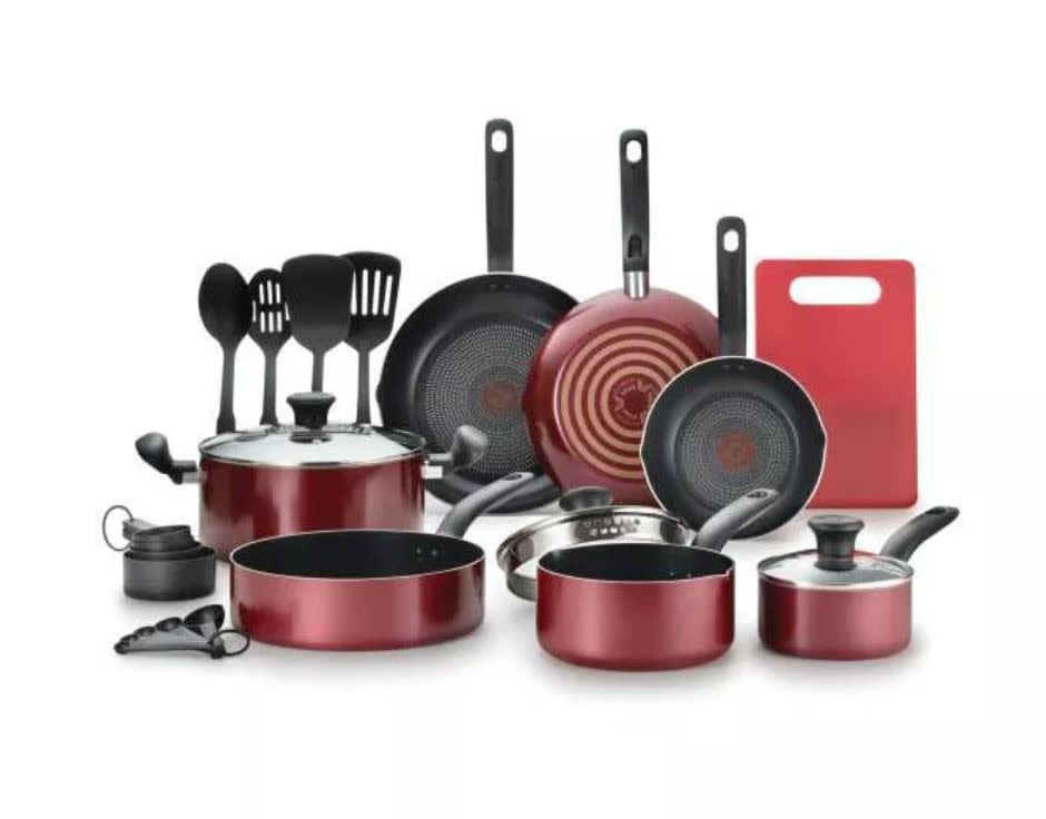 One of the cheapest cookware sets we could find was this one from T-Fal. The pots and pans have an even heat base and secure handles. And yes, the set even comes with a cutting board. <a href="https://goto.target.com/c/2055067/81938/2092?u=https%3A%2F%2Fwww.target.com%2Fp%2Ft-fal-17pc-simply-cook-prep-and-cook-set-red%2F-%2FA-76400623%23lnk%3Dsametab&amp;subid1=5&amp;subid2=primedaytargetdeals&amp;subid3=primeday20" target="_blank" rel="noopener noreferrer">﻿Originally $80, get the set now for $56 at Target</a>.