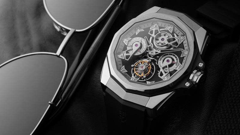 Admiral Ac-One 45 Openworked Tourbillon｜錶徑45mm／鈦金屬材質／時間指示、動力儲存指示、陀飛輪裝置／CO 298自動上鏈機芯／防水100米／限量38只／建議售價NT$ 2,080,000