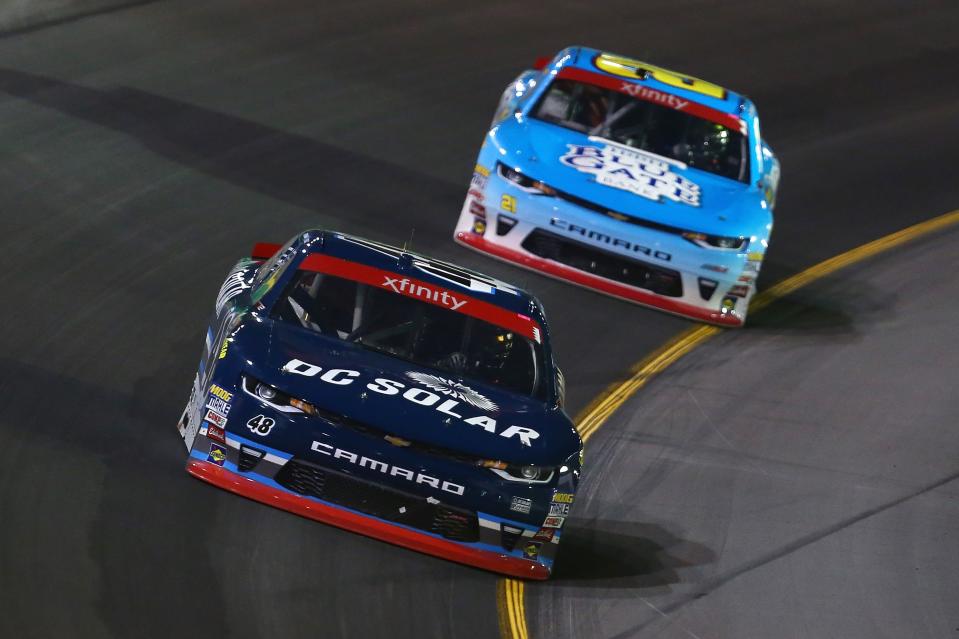 Brennan Poole was sponsored by DC Solar from 2015-17 before the company moved to Kyle Larson’s car in 2018. (Photo by Sarah Crabill/Getty Images)