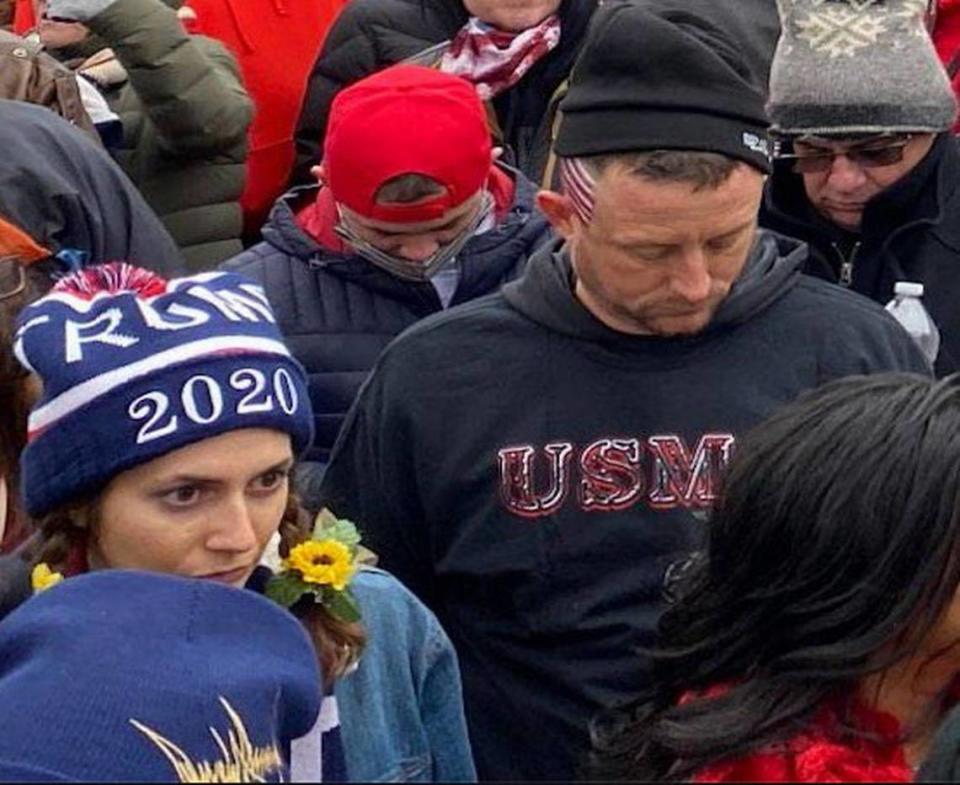 Prosecutors say this is Chad Suenram, of Wichita, in a USMC sweatshirt during the Capitol riot on Jan. 6, 2021.