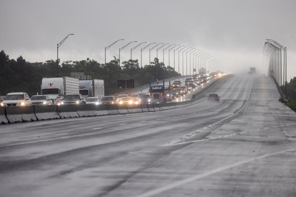 Traffic moves bumper to bumper along I-10 west as residents arrive into Texas from the Louisiana border ahead of Hurricane Ida in Orange, Texas (REUTERS)