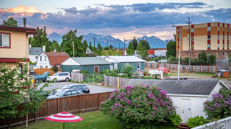ANCHORAGE, ALASKA - JUNE 8 - A scenic backyard view in a local neighborhood on June 8 2019 in Anchorage Alaska.