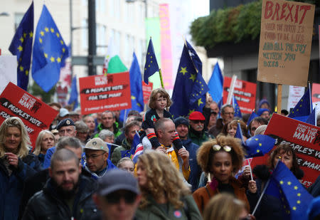 Anti-Brexit supporters demonstrate in the centre of the city, as it hosts the annual Labour Party Conference, in Liverpool, Britain, September 23, 2018. REUTERS/Hannah McKay