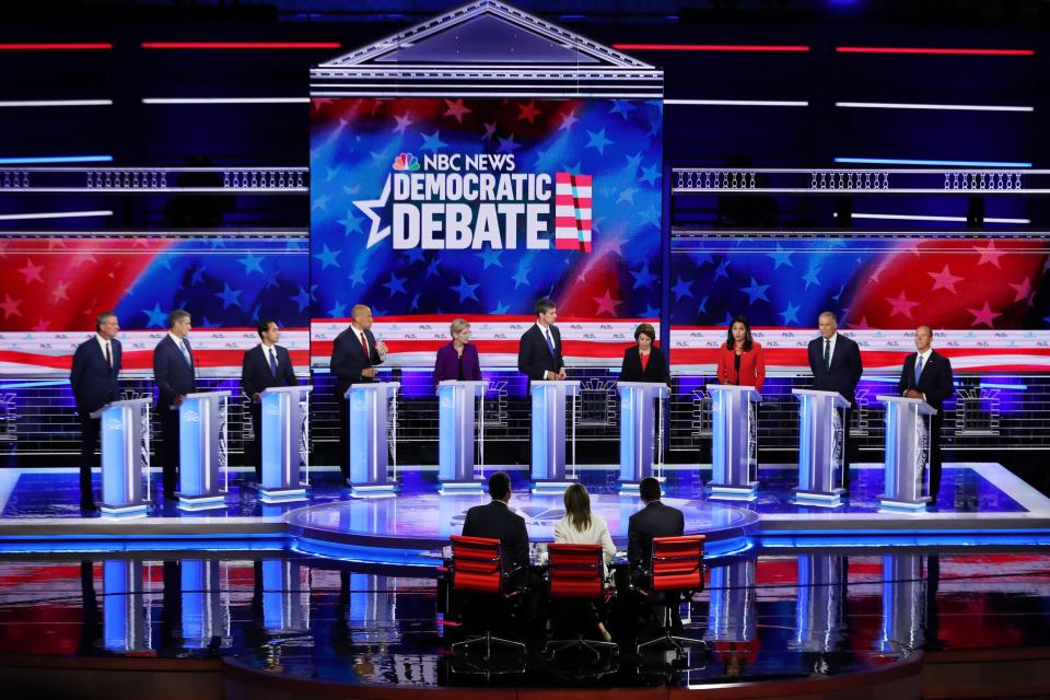 It was a debate that Elizabeth Warren was expected to walk, and so she ran. Pitted against what one might uncharitably call the least exciting candidates — Cory Booker, Julian Castro, Bill de Blasio, John Delaney, Tulsi Gabbard, Jay Inslee, Amy Klobuchar, Tim Ryan and Beto “just born to be in it, or at least maybe born to serve people or something” O’Rourke — Warren was extremely policy-specific, showing up her counterparts’ reliance on rhetoric. Anyone can say they want to serve Americans, make the US a more progressive place, and help people get access to basic healthcare. Not everyone can outline a green energy plan, with numbers, in 30 seconds; or explain why big pharma doesn’t want to take responsibility for the opioid crisis in the same amount of time.Time and again, she found the right words and her opponents lost or mangled them. “There’s a lot of politicians who will say [Medicare-for-All] isn’t possible. What they mean is they won’t fight for it. Because healthcare is a basic human right,” Warren proclaimed. “Healthcare isn’t just a human right, it’s an American right,” Cory Booker said in turn — seemingly taking patriotism to whole new levels by elevating Americans to a superior species above the rest of humanity.Warren wasn’t just the most politically interesting tonight; she also inspired the best memes on social media. When she was asked by the hosts if she had a plan for how to deal with Mitch McConnell, she answered, “I do,” with such determination that she drew loud cheers from the crowd. Twitter exploded with Game of Thrones references, Rihanna jokes, and images of Warren’s head superimposed on various pop culture heroes. She may have been disappointed to be chosen for the first night of Democratic debates instead of the second, which is teeming with higher-polling candidates (NBC allocated the slots randomly), but tonight did give her the opportunity to shine — and to create a hell of a lot of internet-friendly soundbites.The only other Wednesday night candidate who delighted Twitter as much as Warren was Tulsi Gabbard of Hawaii, who must have mentioned that she signed up to the National Guard on the day after 9/11 about 911 times. There was a point at which she was shouting “al-Qaeda” over a few candidates trying to muscle in on her time. Gabbard wanted to make clear that she’s standing as the anti-war candidate, because she’s been to war a lot of times and she’s seen firsthand and realised that it, in fact, is bad. It does make you wonder what she was expecting when she signed up, but kudos to her for being a US veteran brave enough to speak critically about what she’s seen. Her story about growing up in a socially conservative family and holding views she “doesn’t hold any more” when she was younger was also a refreshing anecdote about personal change in an age when political opponents all too often drag up old tweets for bloodsport.Undoubtedly the biggest disappointment of tonight’s debate was Beto O’Rourke. Despite having clearly prepared some rhetorical flourishes and strategies — he spoke in Spanish at the beginning of every answer before switching to English, in case you didn’t know by now that he’s bilingual — he floundered. Almost every answer was a bland repetition of politico-speak or a rehash of what the candidate before him had just said. He did get a (well-deserved) cheer for being the first to bring up women’s reproductive rights, which he promised to protect; unfortunately, this particular triumph ended up coming back to bite him when Julian Castro (“I believe in reproductive justice”) and Jay Inslee leapt straight onto the bandwagon as well, only for Amy Klobuchar to sardonically cut in that “three women up here actually have fought pretty hard for a woman right to choose.” Similar identity one-upmanships happened when Bill de Blasio talked about the hardships of bringing up a black son while standing on a stage next to Cory Booker, and when Beto repeatedly showcased his knowledge of Latinx issues while attempting to talk over Julian Castro.The most obvious part where Warren floundered was after the question about gun control; she spoke around it rather than answering the question directly, saying that a responsible collector was very different from a person with malicious intent. She was, for once in the debate, shown up by Beto O’Rourke, who was the only one brave enough to outline a proper plan: universal background checks and a ban on assault weapons which, in his words, “belong on the battlefield”. He named names of gun activists from Marjory Stoneman Douglas High School, where a gunman killed 17 people last year, and said that we should be led by young people. Amy Klobuchar jumped in to agree, somewhat bizarrely comparing the issue to gay marriage as she did.In closing, pretty much every candidate made an unexciting, pre-prepared statement about how “this is our moment” (some of the enthusiasm no doubt dampened by Tim Ryan’s oddly placed rant about the Democratic Party and how it’s “become the party of elites”, which was presumably intended to seem blisteringly honest and populist but instead felt like a big fat gift to Donald Trump.) Warren spoke of not being able to afford education because of her working class background, and eventually attending a cheap community college. Bill de Blasio, the standout from the closing statements, did an impressive summary of his achievements as New York mayor, including introducing the $15 minimum wage and free Pre-K childcare for all. It probably won’t be enough to propel him above Liz “yes, I do” Warren, though. This was her night and, by the looks of most of her peers’ faces as the mics cut out and the music started to play, everybody knew it.