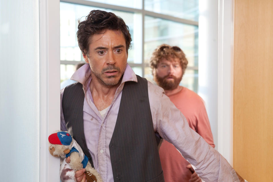 Robert Downey Jr and Zach Galifianakis look shocked as they enter a room