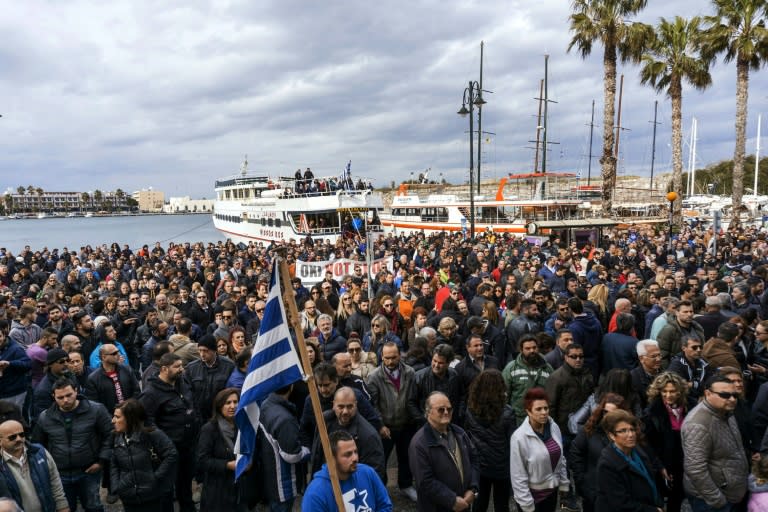 Residents of the Greek island of Kos demonstrate against the construction of a so-called "hotspot" for housing refugees on their island on February 10, 2016