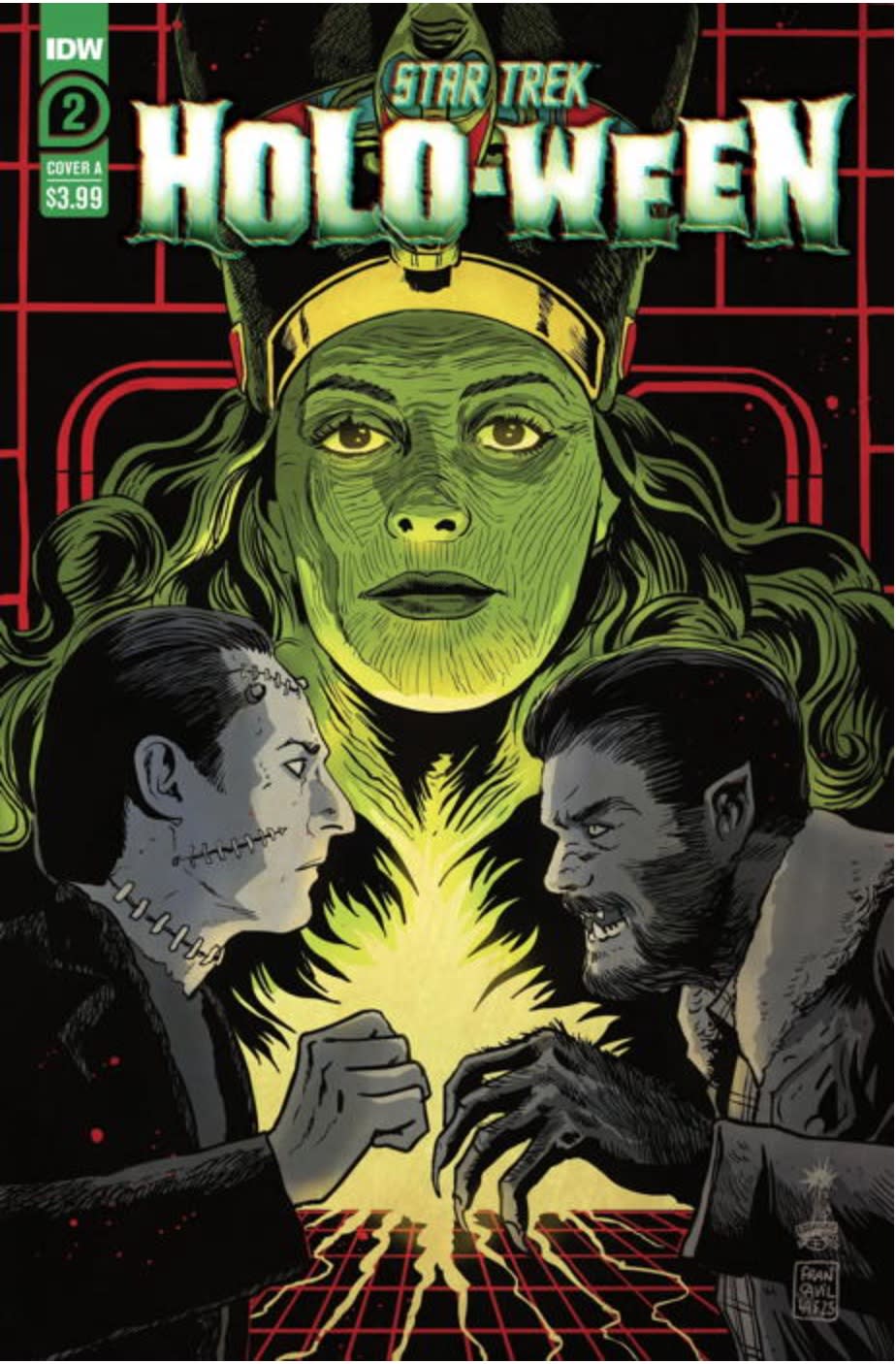 illustration showing a frankenstein-like monster and werewolf-like creature, with a woman's face in the background.