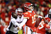 <p>Patrick Mahomes #15 of the Kansas City Chiefs fumbles the ball as he is hit by Kyle Van Noy #53 of the New England Patriots in the second quarter during the AFC Championship Game at Arrowhead Stadium on January 20, 2019 in Kansas City, Missouri. (Photo by Ronald Martinez/Getty Images) </p>