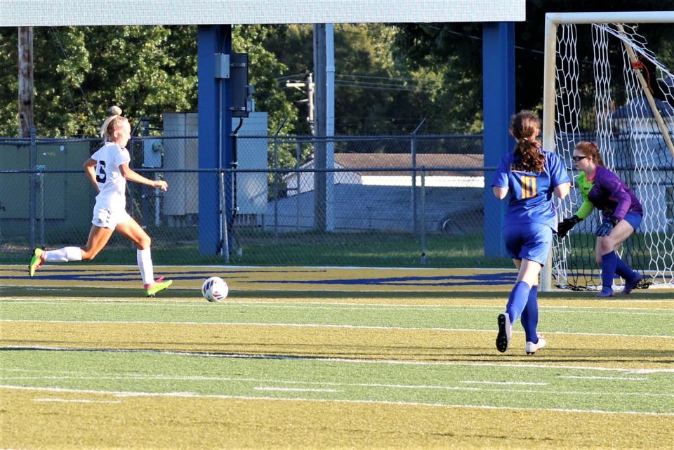 River View's Kylie Miller puts a shot on goal for one of her two goals in Thursday's 2-0 win over Philo in MVL girls soccer.