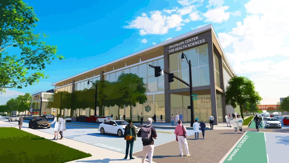 An artist's rendering of a new 80,000-square-foot academic building, expected to be called the OhioHealth Center for Health Sciences, on Columbus State Community College's campus. The two entities announced a partnership Tuesday with the intention of doubling Columbus State's health care graduates in the next decade.