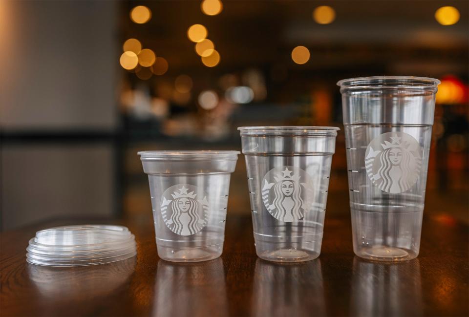 Starbucks new single-use cold cups, introduced in April 2024, are made with 10-20% less plastic.