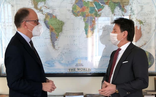 This handout photo provided by the PD (Partito Democratico, Democratic Party) Press Office shows the leader of M5s (Five Star Movement) in pectore, Giuseppe Conte (R), meeting with the secretary of the Democratic Party (PD), Enrico Letta (L), in Rome, Italy, 24 March 2021.
ANSA/ PARTITO DEMOCRATICO PRESS OFFICE
+++ ANSA PROVIDES ACCESS TO THIS HANDOUT PHOTO TO BE USED SOLELY TO ILLUSTRATE NEWS REPORTING OR COMMENTARY ON THE FACTS OR EVENTS DEPICTED IN THIS IMAGE; NO ARCHIVING; NO LICENSING +++ (Photo: PARTITO DEMOCRATICO PRESS OFFICEANSA)