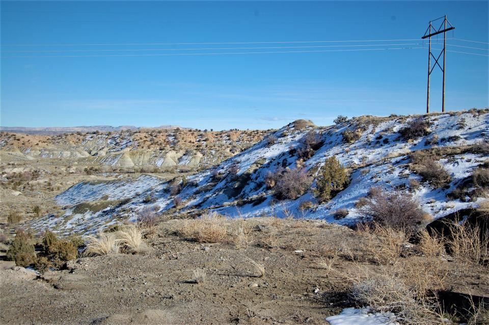 Snow clings to the north slope of a hillside east of U.S. Highway 550 south of Bloomfield on Feb. 24 after a series of winter storms recently moved through the area.