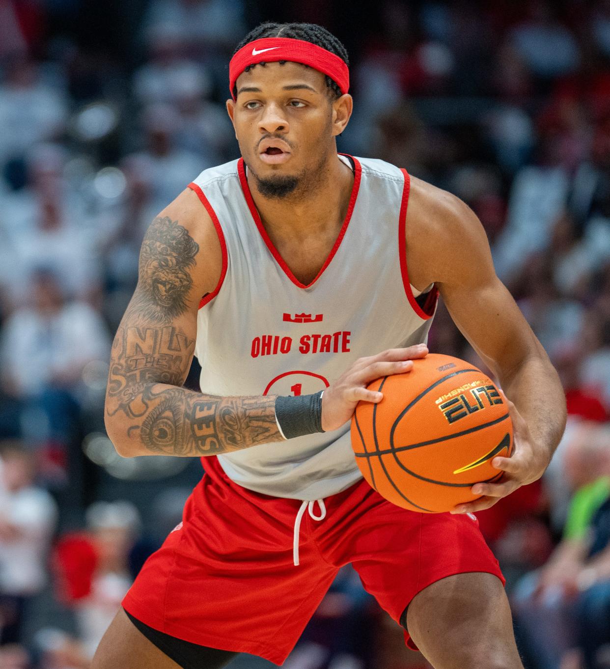 Oct 22, 2023; Dayton, OH, USA;
Ohio State Buckeyes guard Roddy Gayle Jr. (1) looks for a teammate to pass to during their game against the Dayton Flyers on Sunday, Oct. 22, 2023 at University of Dayton Arena.