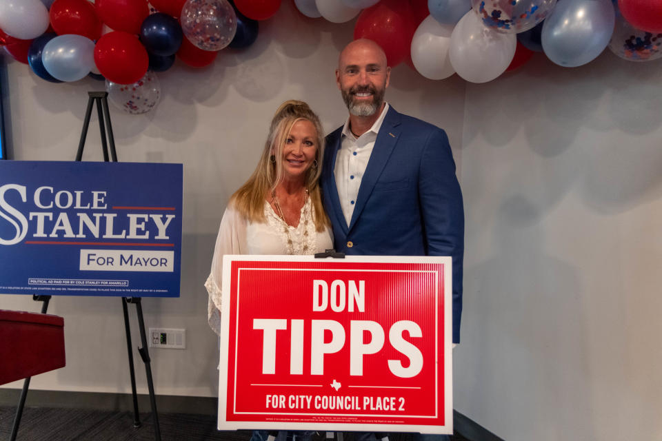 Don Tipps and his wife celebrate his election victory for Amarillo City Council Place 2 Saturday night in downtown Amarillo.