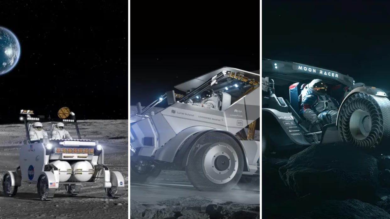  Three concepts for moon rovers driven by astronauts on the moon. 