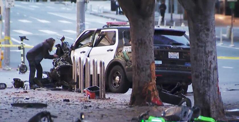 In downtown Los Angeles early Sunday morning a man stole an LAPD patrol vehicle with the officer still inside before causing a multi-vehicle pileup. The incident occurred around 3:30 a.m. when, according to police, a female officer was conducting "security detail" at 12th and Figueroa streets.