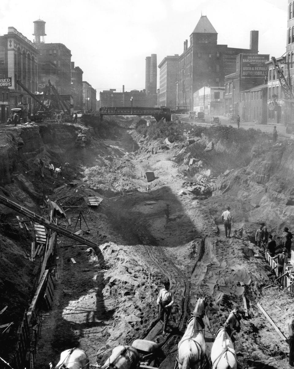Photo from “Cincinnati: An Illustrated Timeline”: Construction on the subway began in 1920 by excavating the canal. (The Cincinnati Enquirer)