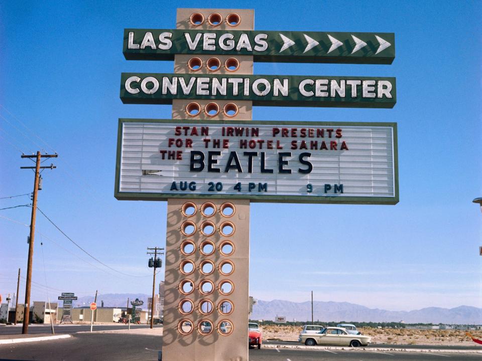 Las Vegas Convention Center's billboard advertising two performances by English rock 'n' roll sensations the Beatles.