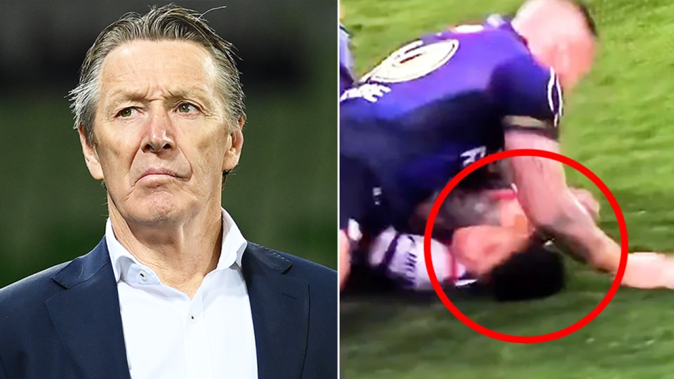 Craig Bellamy (pictured left) before a game and Storm prop Nelson Asofa-Solomona in a tackle.