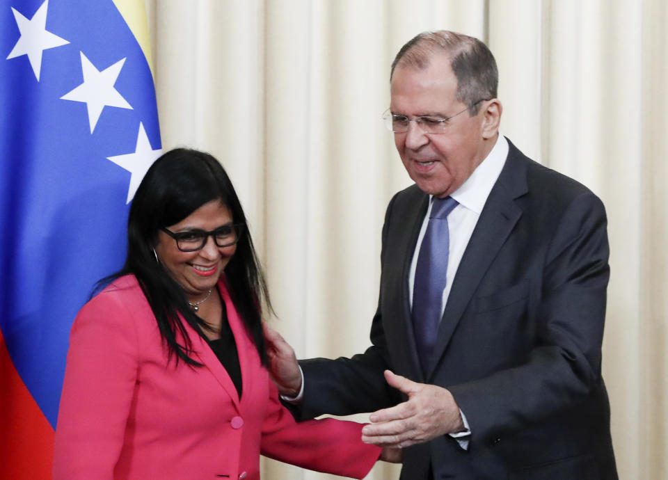 Russian Foreign Minister Sergey Lavrov, right, and Venezuela's Vice President Delcy Rodriguez leave a joint news conference following their talks in Moscow, Russia, Friday, March 1, 2019. Venezuela’s vice president is visiting Russia, voicing hope for stronger ties with Moscow amid the U.S. pressure. (AP Photo/Pavel Golovkin)