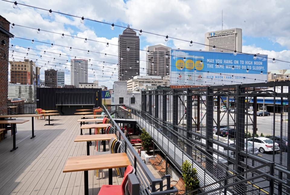 May 4, 2023; Columbus, Ohio, United States; Athens-based Jackie O's Brewery celebrates the grand opening of its long-awaited debut in downtown Columbus on Friday. The two-story patio has a bar on each floor and offers expansive views of the Columbus skyline. Mandatory Credit: Barbara Perenic/The Columbus Dispatch