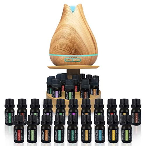 Aromatherapy Essential Oil Diffuser Gift Set with 20 Oils and Rotating Display Stand - 400ml Ultrasonic Diffuser with 20 Essential Plant Oils - 4 Timer & 7 Ambient Light Settings