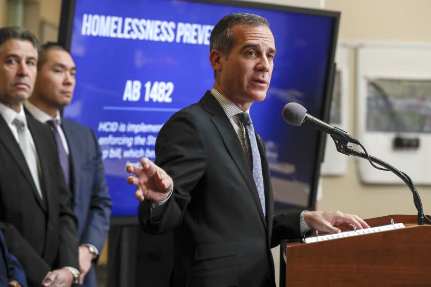 LOS ANGELES, CA - FEBRUARY 06 , 2020 - Los Angeles Mayor Eric Garcetti speaks at a news conference on Thursday morning February 06, 2020, to discuss the city's efforts to address the homelessness crisis. Press conference was held at Unified Homelessness Response Center at Emergency Operations Center. (Irfan Khan / Los Angeles Times)