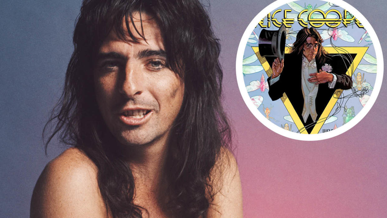  Alice Cooper in 1975 with an inset of the Welcome To My Nightmare album cover. 