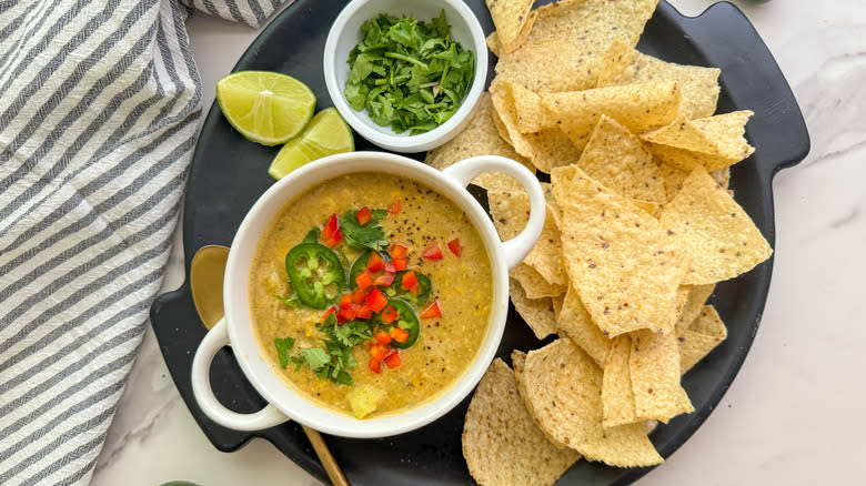 soup with chips on tray