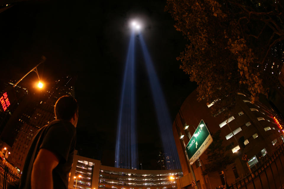 This undated image released by PBS shows beams of light rising above lower Manhattan forming the Tribute in Light memorial from the documentary "The City Dark," airing July 5 at 10 p.m. on PBS stations. (AP Photo/PBS)