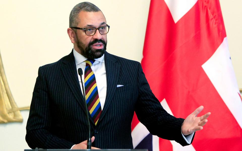 James Cleverly, the Foreign Secretary, gestures today during a joint news conference with Georgian Foreign Minister Ilia Darchiashvili following their talks in Tbilisi, Georgia - Shakh Aivazov/AP