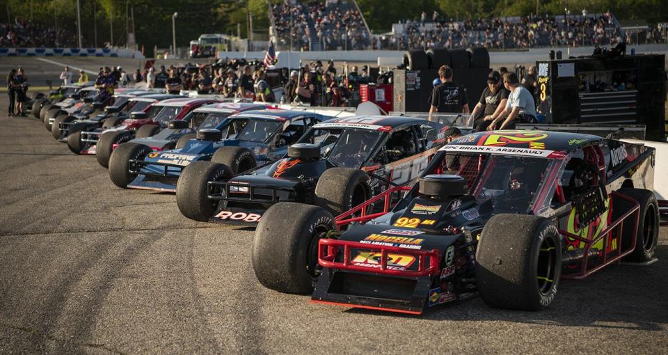 Drivers line up before the Granite State Derby for the Whelen Modified Tour at Lee USA Speedway on May 27, 2023 in Lee, New Hampshire. (Jaiden Tripi/NASCAR)