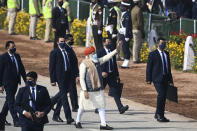 India's Prime Minister Narendra Modi (C) waves as he leaves after attending the Republic Day parade in New Delhi on January 26, 2021. (Photo by Jewel SAMAD / AFP) (Photo by JEWEL SAMAD/AFP via Getty Images)