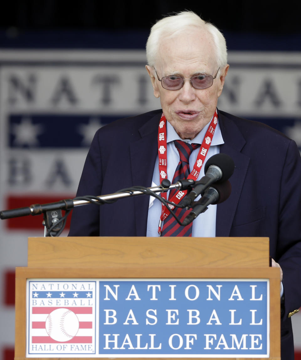 FILE - In a Saturday, July 27, 2013 file photo, Dr. Frank Jobe, known for the development of the historic elbow procedure known as “Tommy John Surgery,” speaks as he is honored during a ceremony at Doubleday Field in Cooperstown, N.Y. Jobe, a pioneer in the field of sports medicine, died Thursday, Feb. 6, 2014 in Santa Monica after being hospitalized recently with an undisclosed illness, according to a spokesman for the Los Angeles Dodgers. He was 88. (AP Photo/Mike Groll, File)