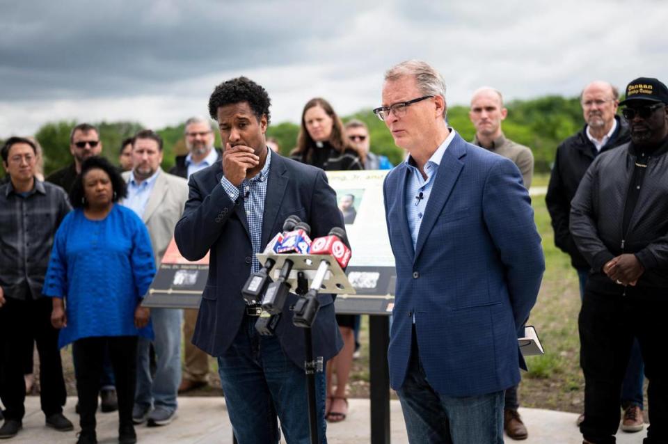 Rev. Emanuel Cleaver III, left, senior pastor of the St. James United Methodist Church in Kansas City and Rev. Adam Hamilton, senior pastor at the United Methodist Church of the Resurrection, in Leawood were part of a group of local faith leaders who spoke at a news conference on gun violence Wednesday at Martin Luther King Jr. Park.. Local faith leaders and faith leaders across the country have started a letter writing campaign to urge the Senate to pass HR-8, legislation that would tighten background checks on gun salesabout the continued mass shootings across the country.