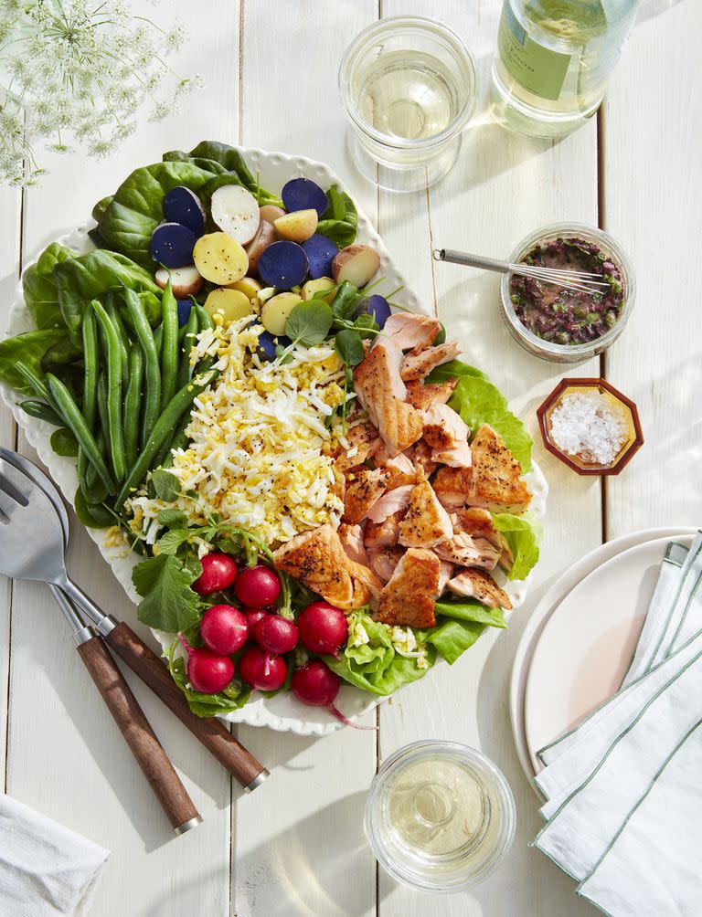 Seared Salmon, Watercress, and Potato Salad With Olive Dressing