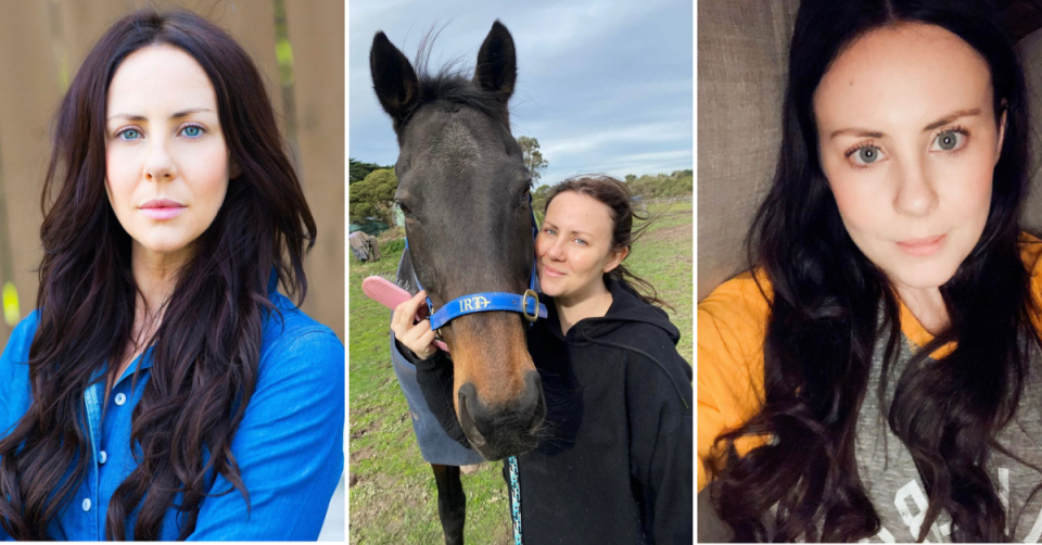 A collage of three photos featuring Lara Jean Marshall, who played Lisa on the show, including one with her horse