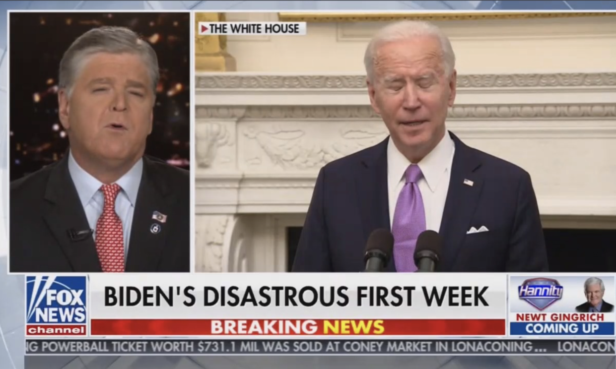 <p>Sean Hannity calls Joe Biden’s first week ‘disastrous’, despite the president being in office for less than 48 hours</p> (Fox News)