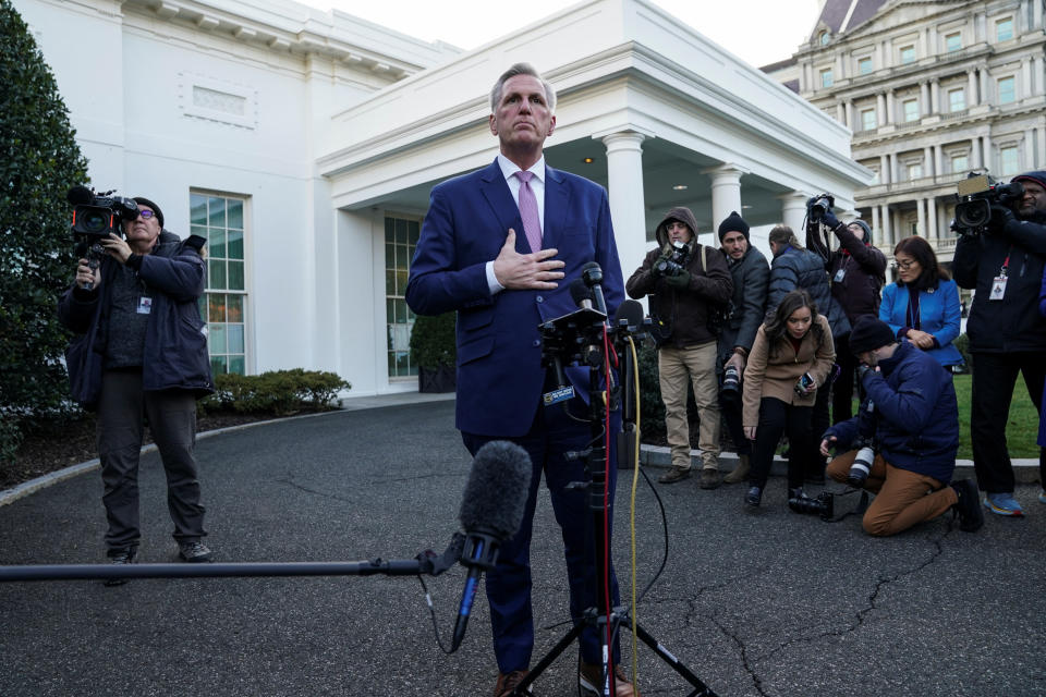 U.S. House Speaker Kevin McCarthy (R-CA) talka to reporters after he met with U.S. President Joe Biden to discuss the federal debt limit and spending, at the White House in Washington, U.S., February 1, 2023. REUTERS/Kevin Lamarque