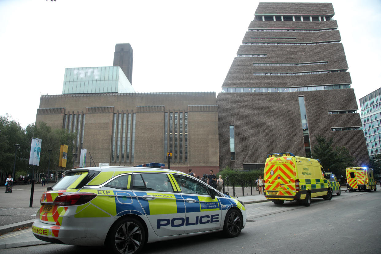 Emergency crews attending a scene at the Tate Modern art gallery, where a teenager has been arrested after a child fell from height and has been taken to hospital from the gallery in central London by air ambulance.