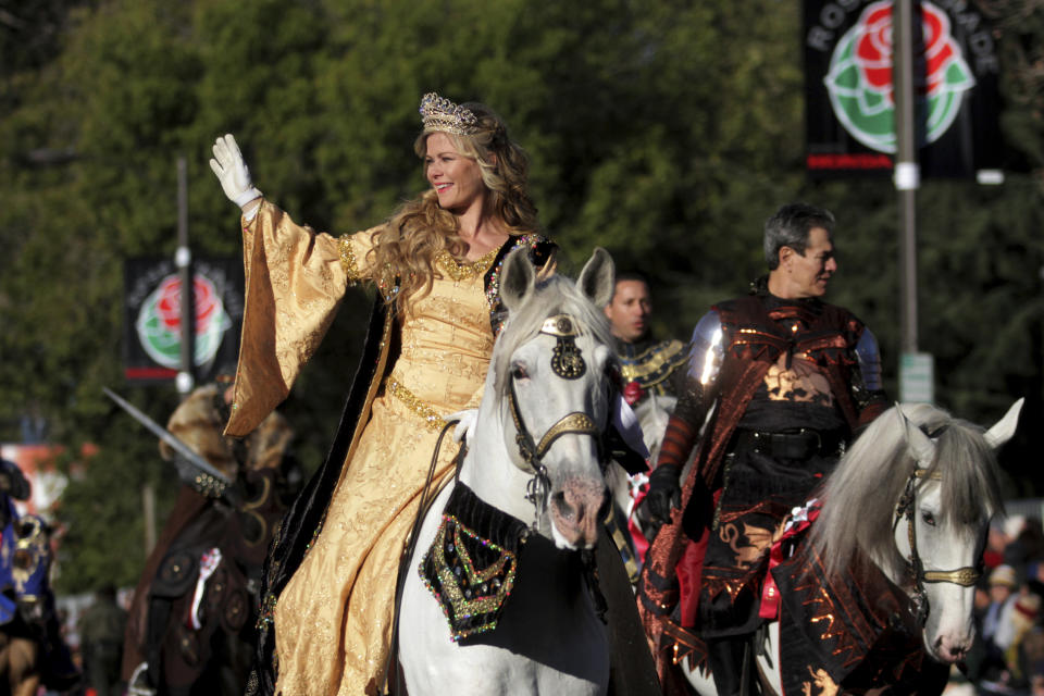 FILE - Medieval Times Dinner & Tournament actors participate in the 126th Rose Parade in Pasadena, Calif., on Jan. 1, 2015. From queens to knights, actors at a Southern California medieval-themed dinner theater have left the castle. The Orange County Register reports Tuesday, Feb. 14, 2023, about 50 performers and stable hands have gone on strike at the Medieval Times about 30 miles southeast of Los Angeles in Buena Park, Calif. (AP Photo/Ringo H.W. Chiu, File)