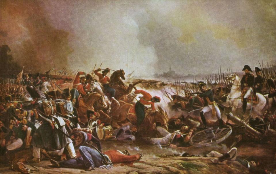 A painting of soldiers meeting on the battlefield.