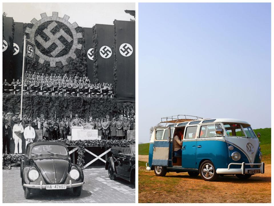 Adolf Hitler lays the foundation stone for the Volkswagen factory in Fallersleben in 1938 (left) / Blue and white Volkswagen Transporter (right).