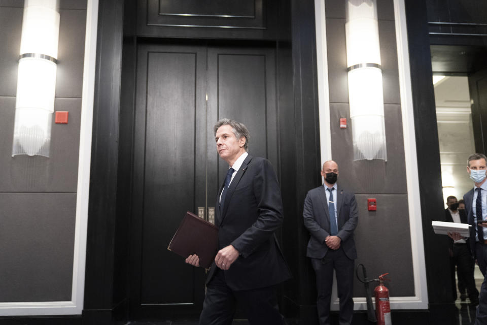 Secretary of State Antony Blinken arrives to speak with reporters during a media availability, Wednesday, May 26, 2021, in Amman, Jordan. (AP Photo/Alex Brandon, Pool)