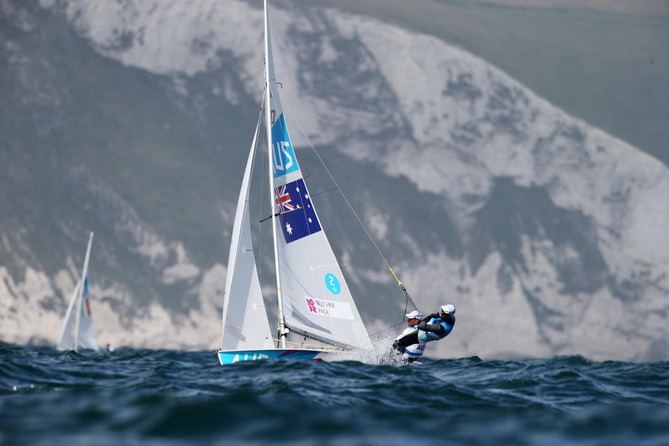 WEYMOUTH, ENGLAND - AUGUST 04: Mathew Belcher and Malcolm Page of Australia compete in the Men's 470 Sailing on Day 8 of the London 2012 Olympic Games at the Weymouth & Portland Venue at Weymouth Harbour on August 4, 2012 in Weymouth, England. (Photo by Clive Mason/Getty Images)