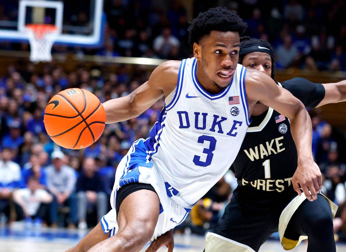 Duke’s Jeremy Roach (3) drives past Wake Forest’s Tyree Appleby (1) during the first half of Duke’s game against Wake Forest at Cameron Indoor Stadium in Durham, N.C., Tuesday, Jan. 31, 2023.